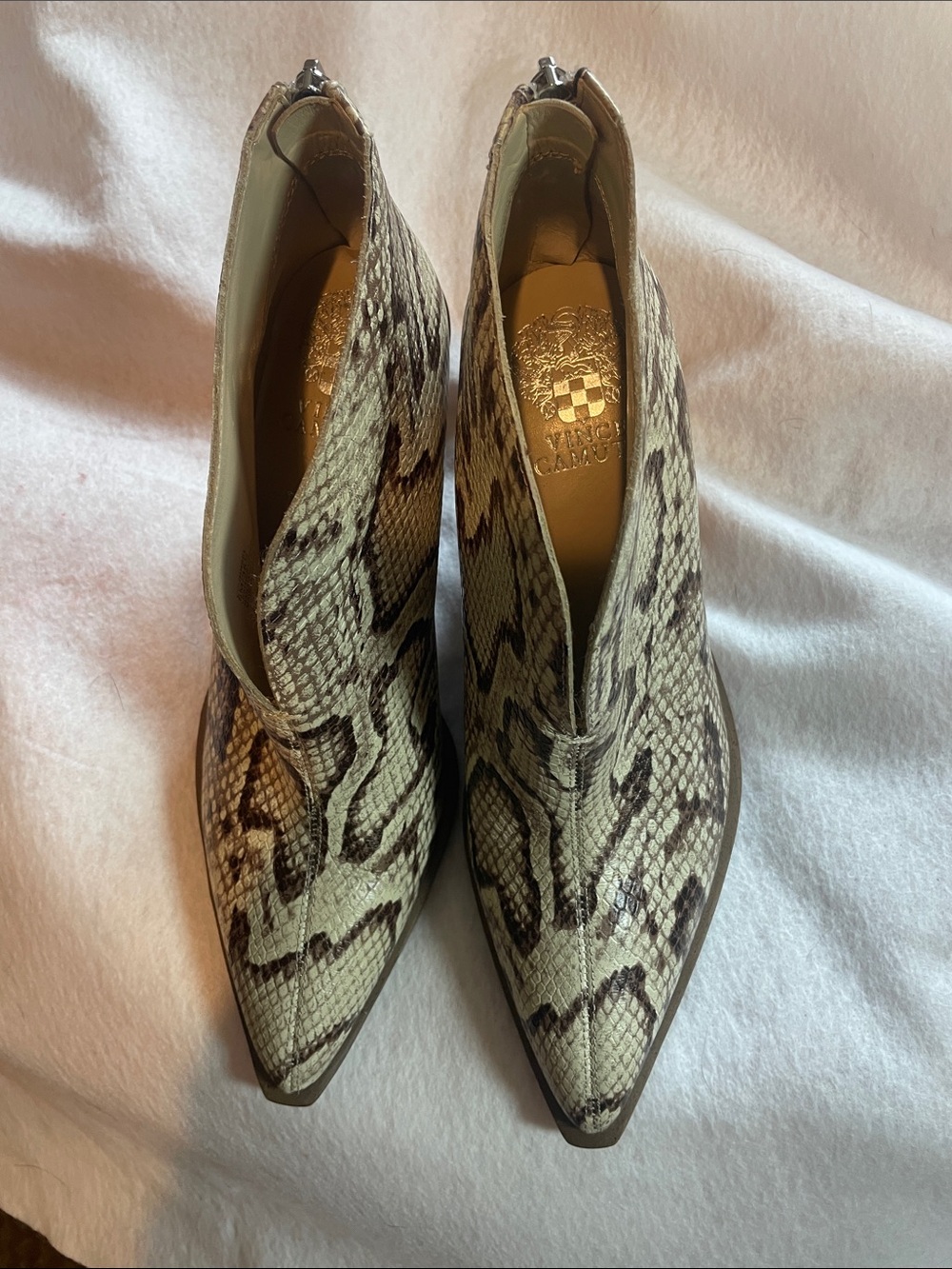 Vince Camuto Cream and Brown Snake-Print Pointed Ankle Booties